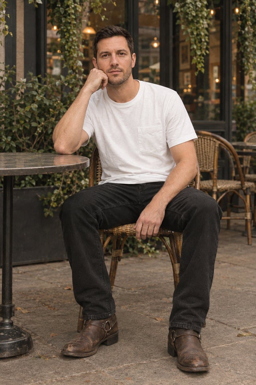 A man in a white T-shirt, black jeans and brown boots, seated at a café table